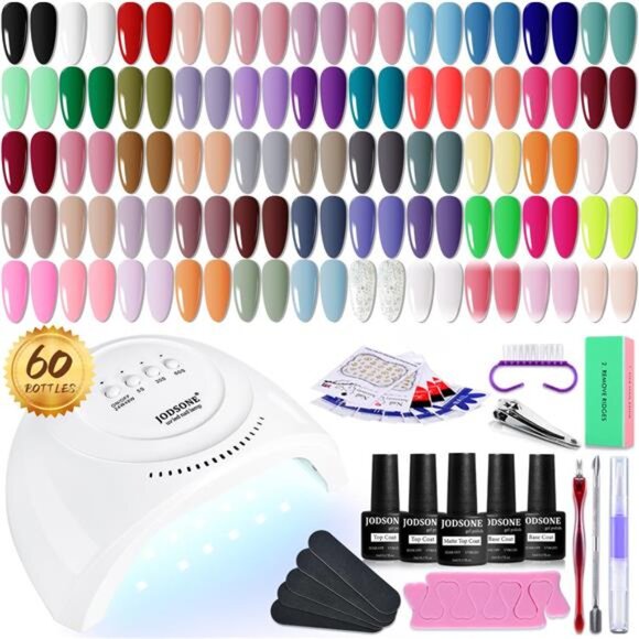 Gel Nail Polish Kit 60 PCS with U V Light Soak off Base Top Coat 55 Shine Colors